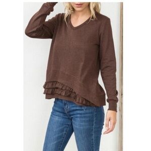 Anthro Mystree Brown V‎ Neck Ruffle Trim Sweater